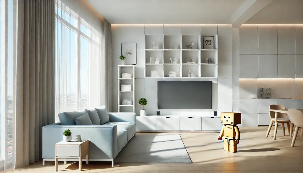 A modern minimalist living room with a light blue sofa, a half-height shoe cabinet, and a clean white TV wall. Dimensions of 1792×1024 pixels. The style should be bright and airy, with natural light streaming in. Include subtle details such as a Kubrick toy on a shelf and plants. The overall feeling should be calm, comfortable, and stylish.